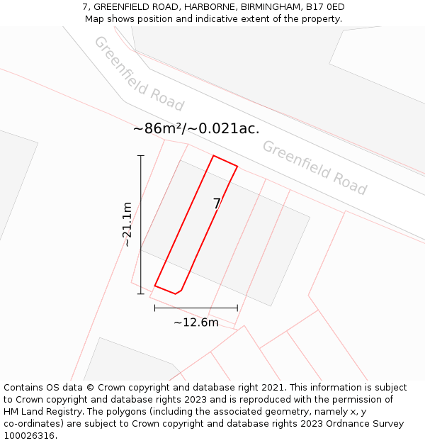 7, GREENFIELD ROAD, HARBORNE, BIRMINGHAM, B17 0ED: Plot and title map
