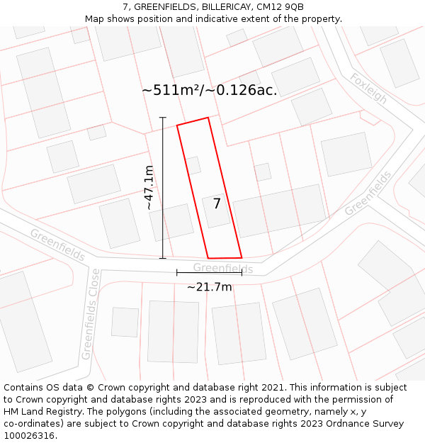7, GREENFIELDS, BILLERICAY, CM12 9QB: Plot and title map