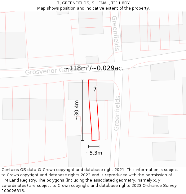 7, GREENFIELDS, SHIFNAL, TF11 8DY: Plot and title map