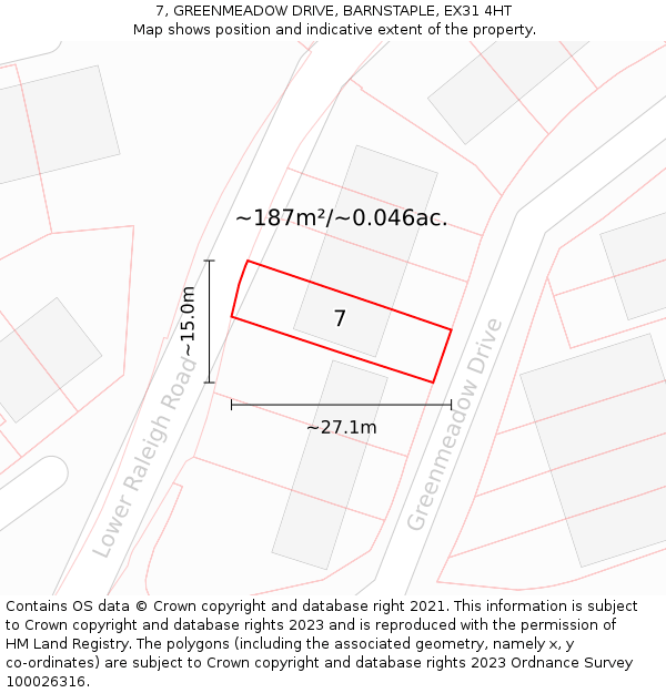 7, GREENMEADOW DRIVE, BARNSTAPLE, EX31 4HT: Plot and title map