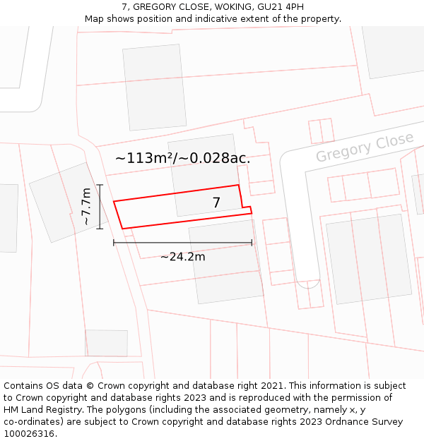 7, GREGORY CLOSE, WOKING, GU21 4PH: Plot and title map