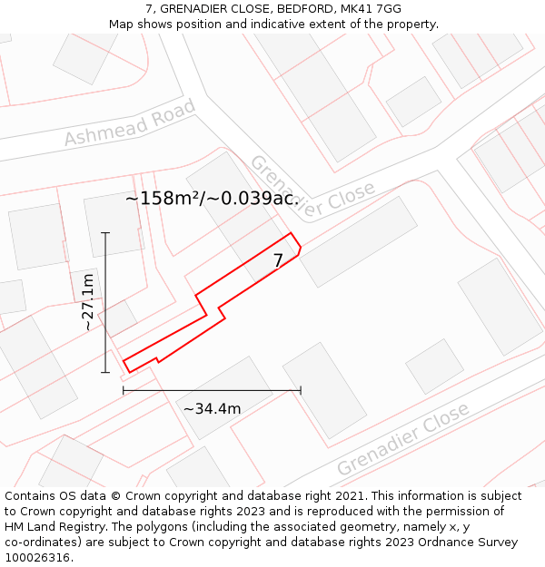 7, GRENADIER CLOSE, BEDFORD, MK41 7GG: Plot and title map