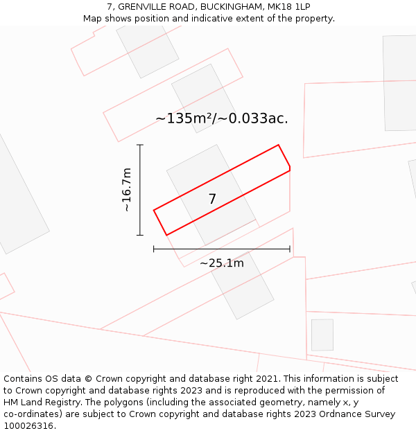7, GRENVILLE ROAD, BUCKINGHAM, MK18 1LP: Plot and title map