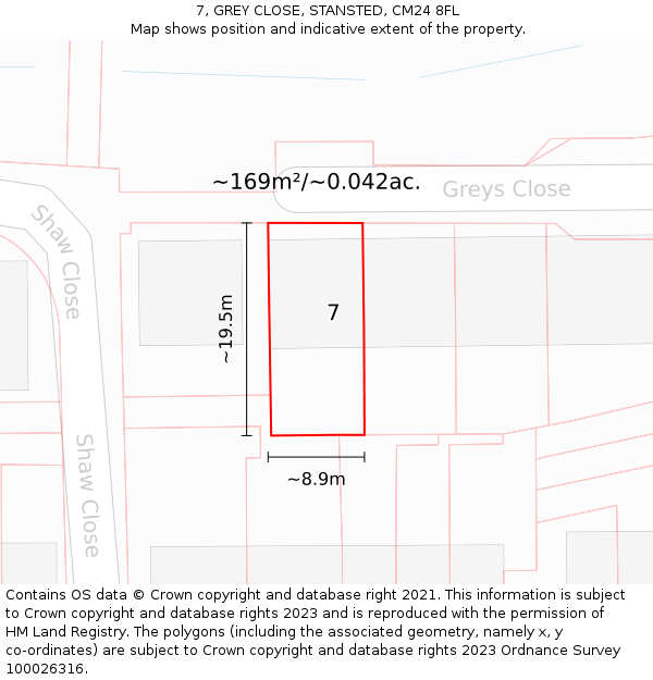 7, GREY CLOSE, STANSTED, CM24 8FL: Plot and title map