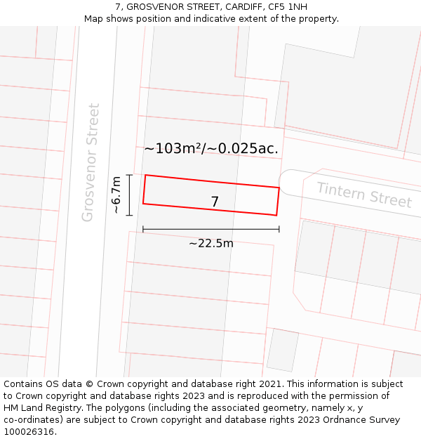 7, GROSVENOR STREET, CARDIFF, CF5 1NH: Plot and title map