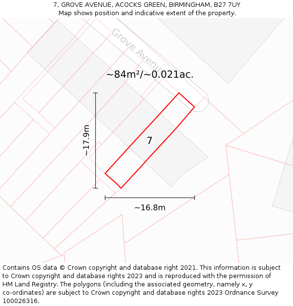 7, GROVE AVENUE, ACOCKS GREEN, BIRMINGHAM, B27 7UY: Plot and title map