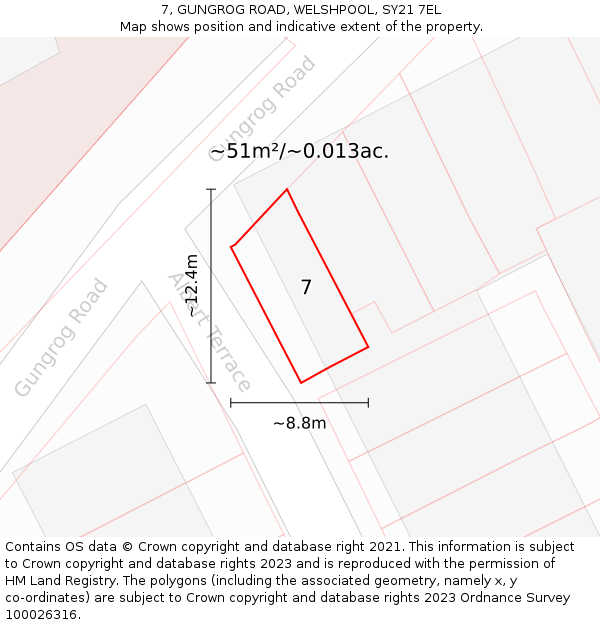 7, GUNGROG ROAD, WELSHPOOL, SY21 7EL: Plot and title map