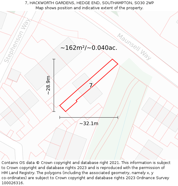 7, HACKWORTH GARDENS, HEDGE END, SOUTHAMPTON, SO30 2WP: Plot and title map