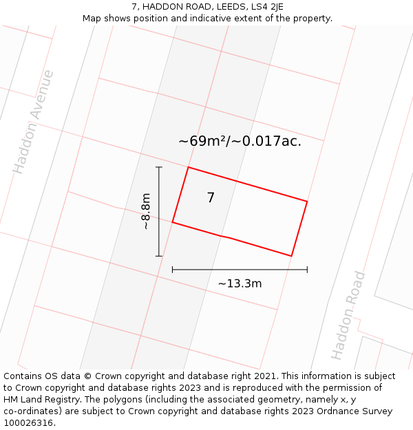 7, HADDON ROAD, LEEDS, LS4 2JE: Plot and title map