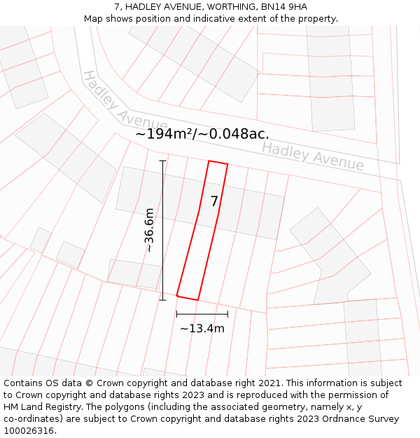 7, HADLEY AVENUE, WORTHING, BN14 9HA: Plot and title map