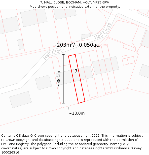 7, HALL CLOSE, BODHAM, HOLT, NR25 6PW: Plot and title map
