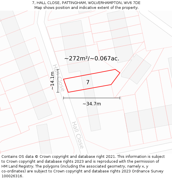 7, HALL CLOSE, PATTINGHAM, WOLVERHAMPTON, WV6 7DE: Plot and title map