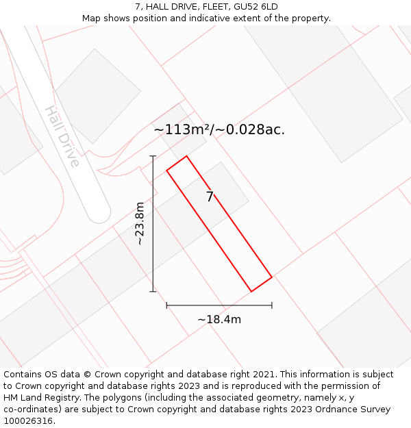 7, HALL DRIVE, FLEET, GU52 6LD: Plot and title map