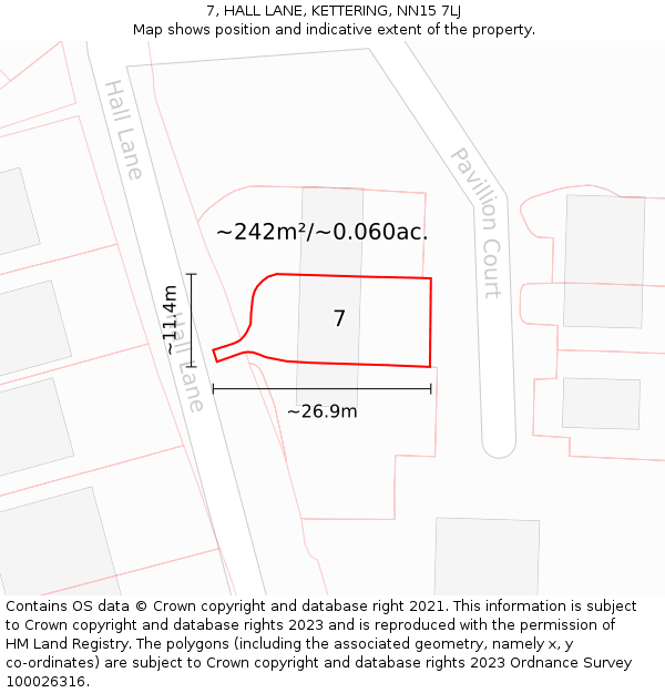 7, HALL LANE, KETTERING, NN15 7LJ: Plot and title map