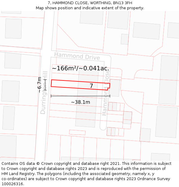 7, HAMMOND CLOSE, WORTHING, BN13 3FH: Plot and title map