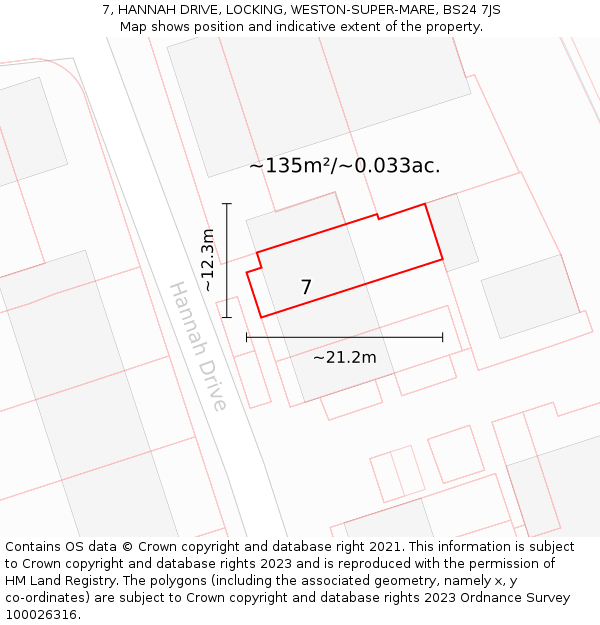 7, HANNAH DRIVE, LOCKING, WESTON-SUPER-MARE, BS24 7JS: Plot and title map