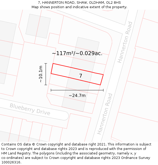 7, HANNERTON ROAD, SHAW, OLDHAM, OL2 8HS: Plot and title map