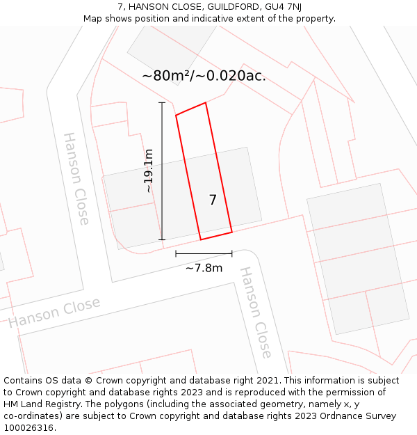 7, HANSON CLOSE, GUILDFORD, GU4 7NJ: Plot and title map