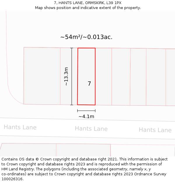 7, HANTS LANE, ORMSKIRK, L39 1PX: Plot and title map