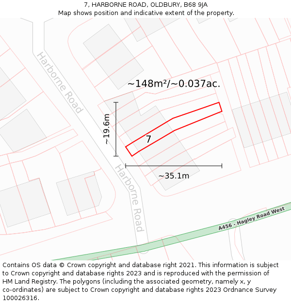 7, HARBORNE ROAD, OLDBURY, B68 9JA: Plot and title map