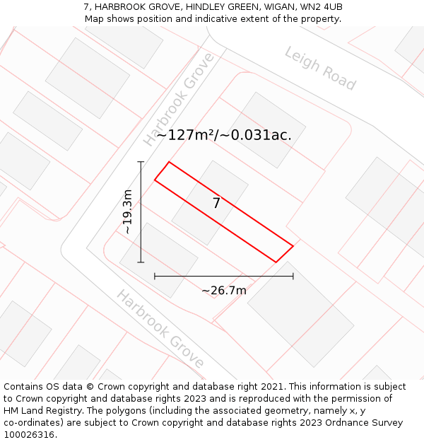 7, HARBROOK GROVE, HINDLEY GREEN, WIGAN, WN2 4UB: Plot and title map