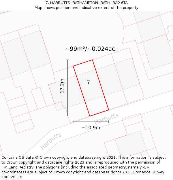 7, HARBUTTS, BATHAMPTON, BATH, BA2 6TA: Plot and title map