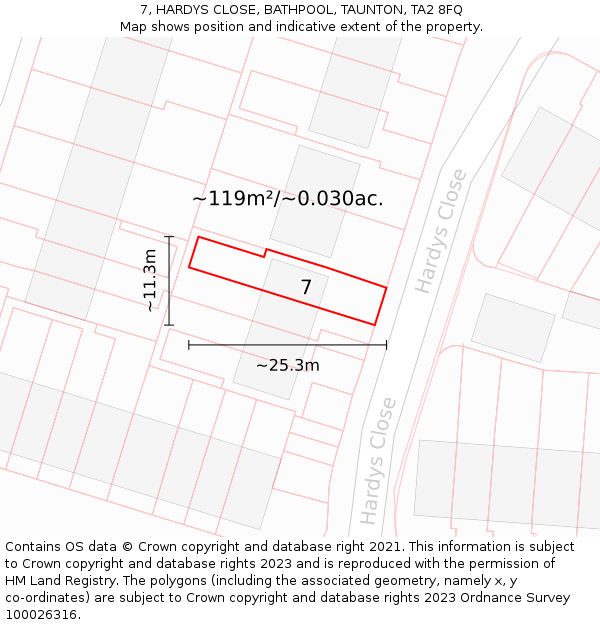 7, HARDYS CLOSE, BATHPOOL, TAUNTON, TA2 8FQ: Plot and title map