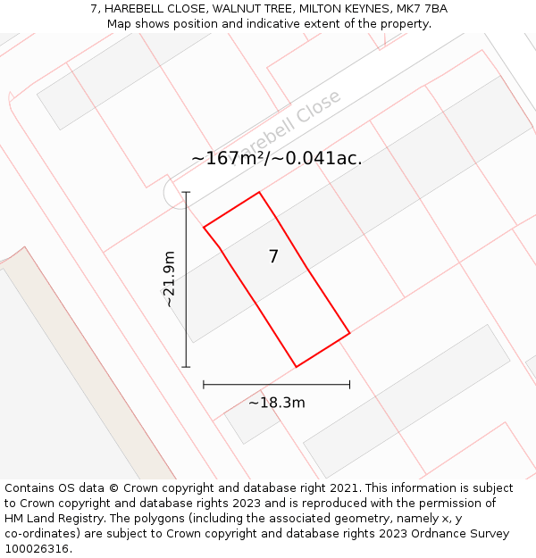 7, HAREBELL CLOSE, WALNUT TREE, MILTON KEYNES, MK7 7BA: Plot and title map