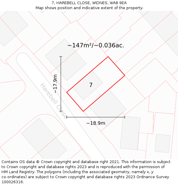 7, HAREBELL CLOSE, WIDNES, WA8 9EA: Plot and title map