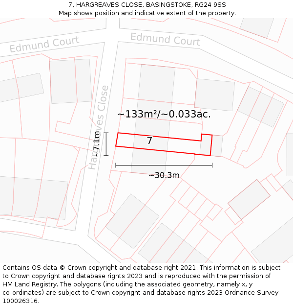 7, HARGREAVES CLOSE, BASINGSTOKE, RG24 9SS: Plot and title map