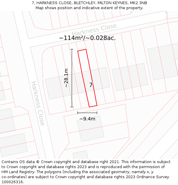 7, HARKNESS CLOSE, BLETCHLEY, MILTON KEYNES, MK2 3NB: Plot and title map