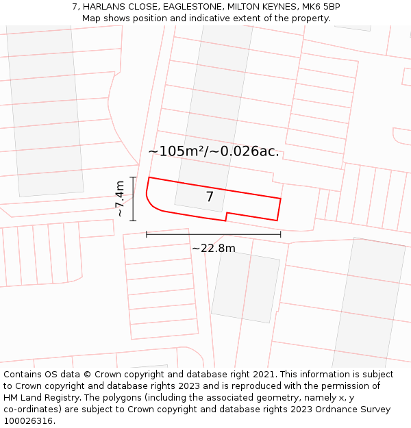 7, HARLANS CLOSE, EAGLESTONE, MILTON KEYNES, MK6 5BP: Plot and title map