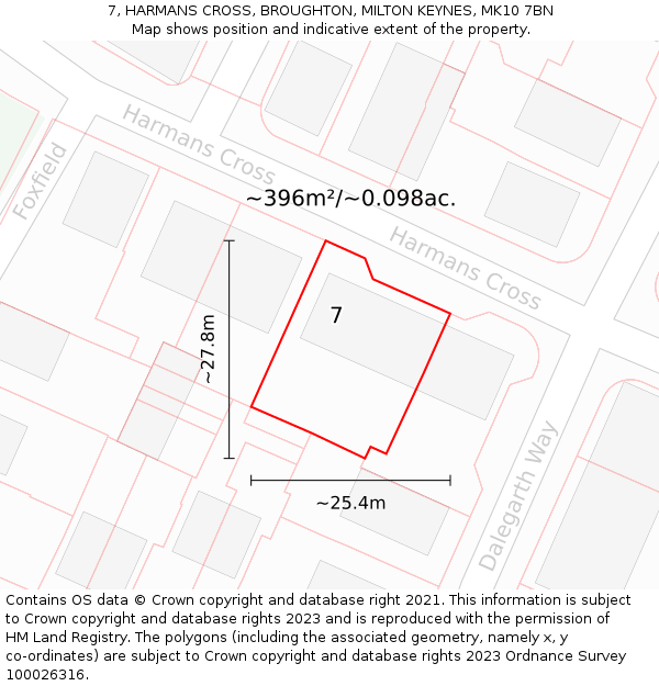 7, HARMANS CROSS, BROUGHTON, MILTON KEYNES, MK10 7BN: Plot and title map