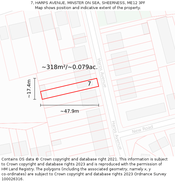 7, HARPS AVENUE, MINSTER ON SEA, SHEERNESS, ME12 3PF: Plot and title map
