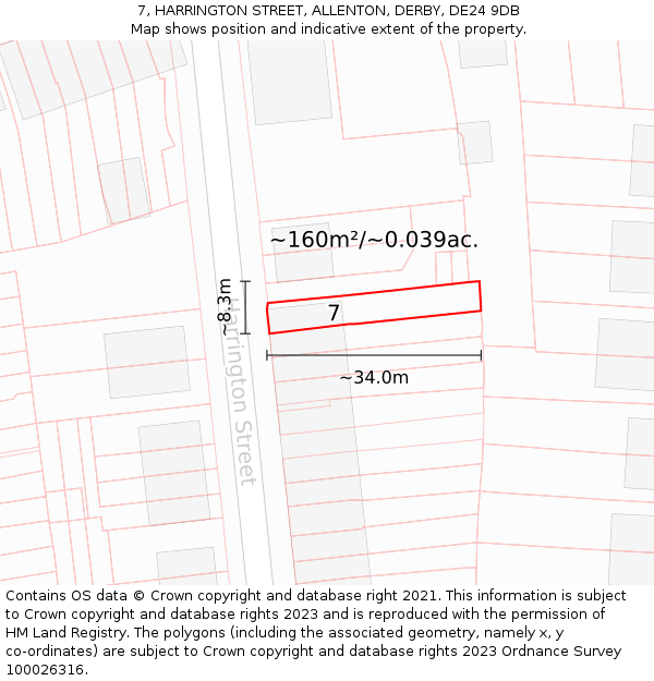 7, HARRINGTON STREET, ALLENTON, DERBY, DE24 9DB: Plot and title map