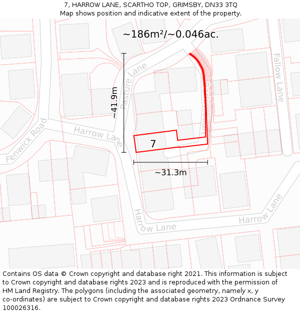 7, HARROW LANE, SCARTHO TOP, GRIMSBY, DN33 3TQ: Plot and title map