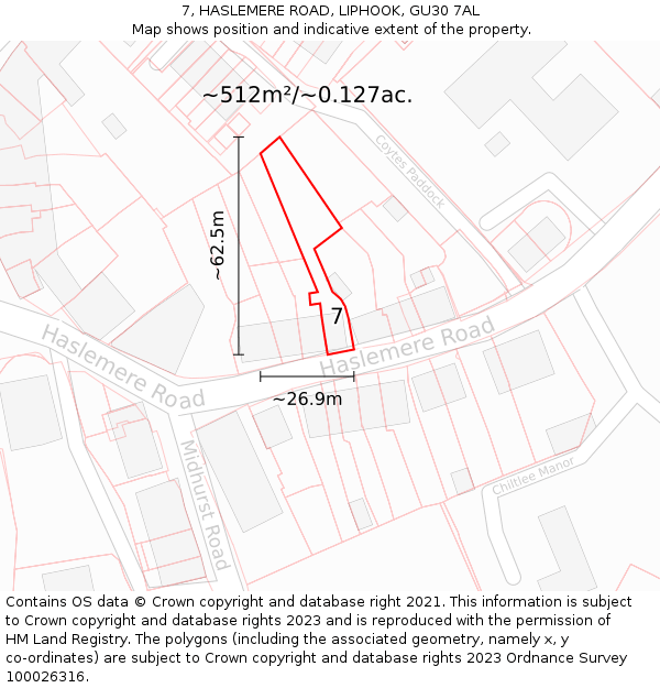 7, HASLEMERE ROAD, LIPHOOK, GU30 7AL: Plot and title map