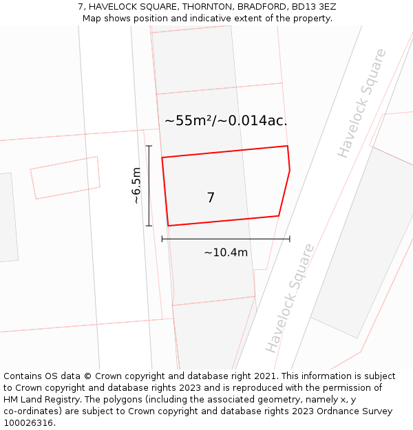 7, HAVELOCK SQUARE, THORNTON, BRADFORD, BD13 3EZ: Plot and title map