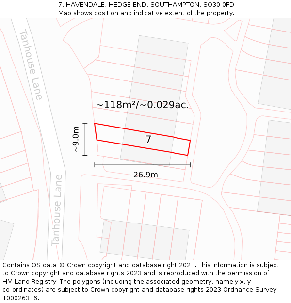 7, HAVENDALE, HEDGE END, SOUTHAMPTON, SO30 0FD: Plot and title map