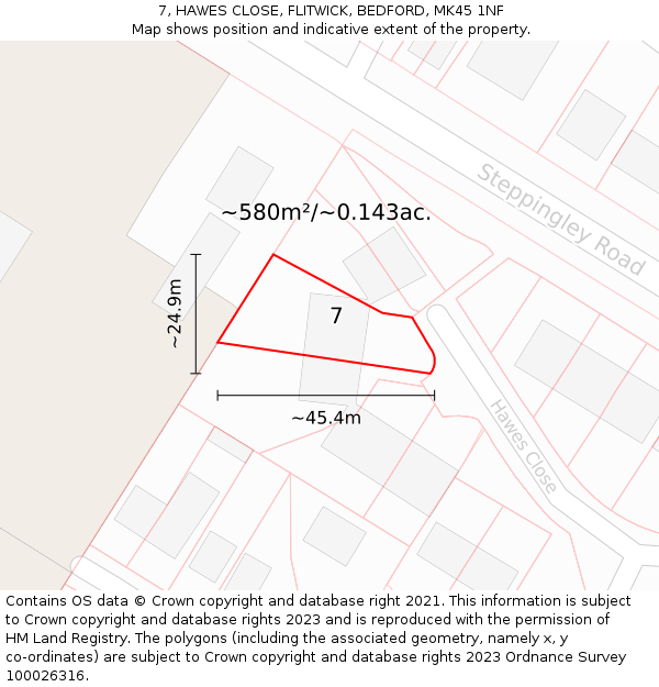 7, HAWES CLOSE, FLITWICK, BEDFORD, MK45 1NF: Plot and title map