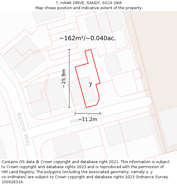 7, HAWK DRIVE, SANDY, SG19 2WA: Plot and title map