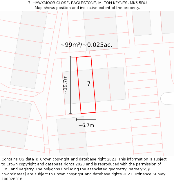 7, HAWKMOOR CLOSE, EAGLESTONE, MILTON KEYNES, MK6 5BU: Plot and title map