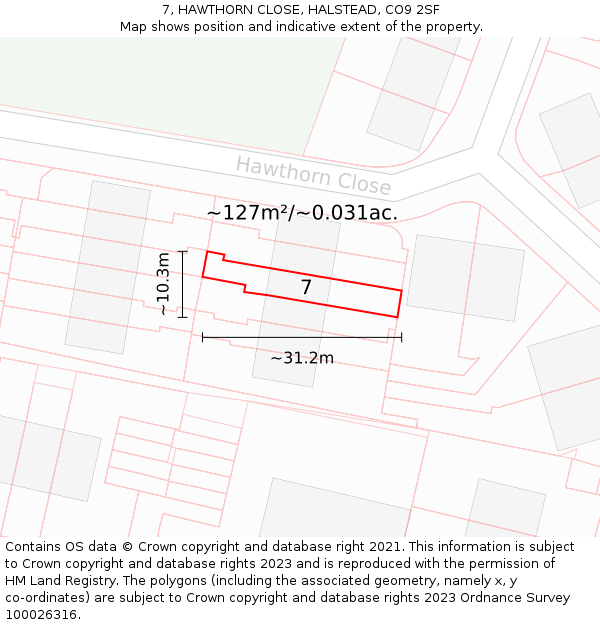 7, HAWTHORN CLOSE, HALSTEAD, CO9 2SF: Plot and title map
