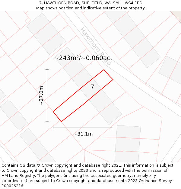7, HAWTHORN ROAD, SHELFIELD, WALSALL, WS4 1PD: Plot and title map