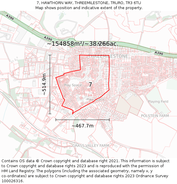 7, HAWTHORN WAY, THREEMILESTONE, TRURO, TR3 6TU: Plot and title map