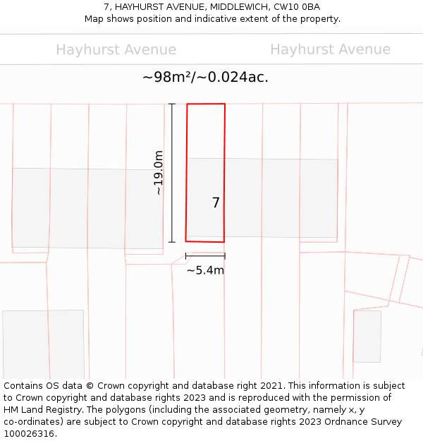 7, HAYHURST AVENUE, MIDDLEWICH, CW10 0BA: Plot and title map