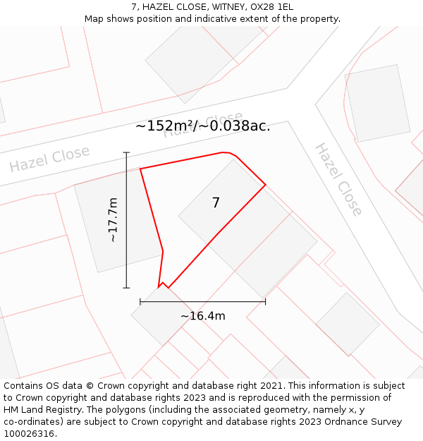 7, HAZEL CLOSE, WITNEY, OX28 1EL: Plot and title map