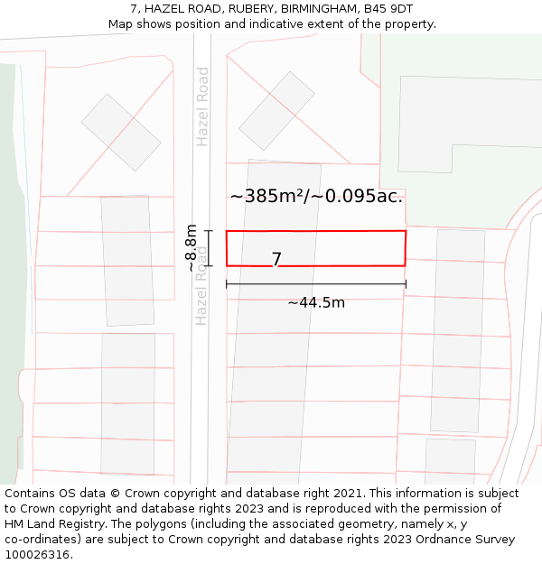 7, HAZEL ROAD, RUBERY, BIRMINGHAM, B45 9DT: Plot and title map