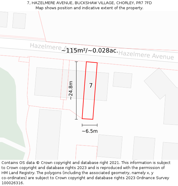 7, HAZELMERE AVENUE, BUCKSHAW VILLAGE, CHORLEY, PR7 7FD: Plot and title map