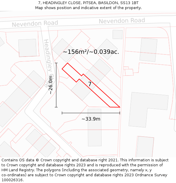 7, HEADINGLEY CLOSE, PITSEA, BASILDON, SS13 1BT: Plot and title map